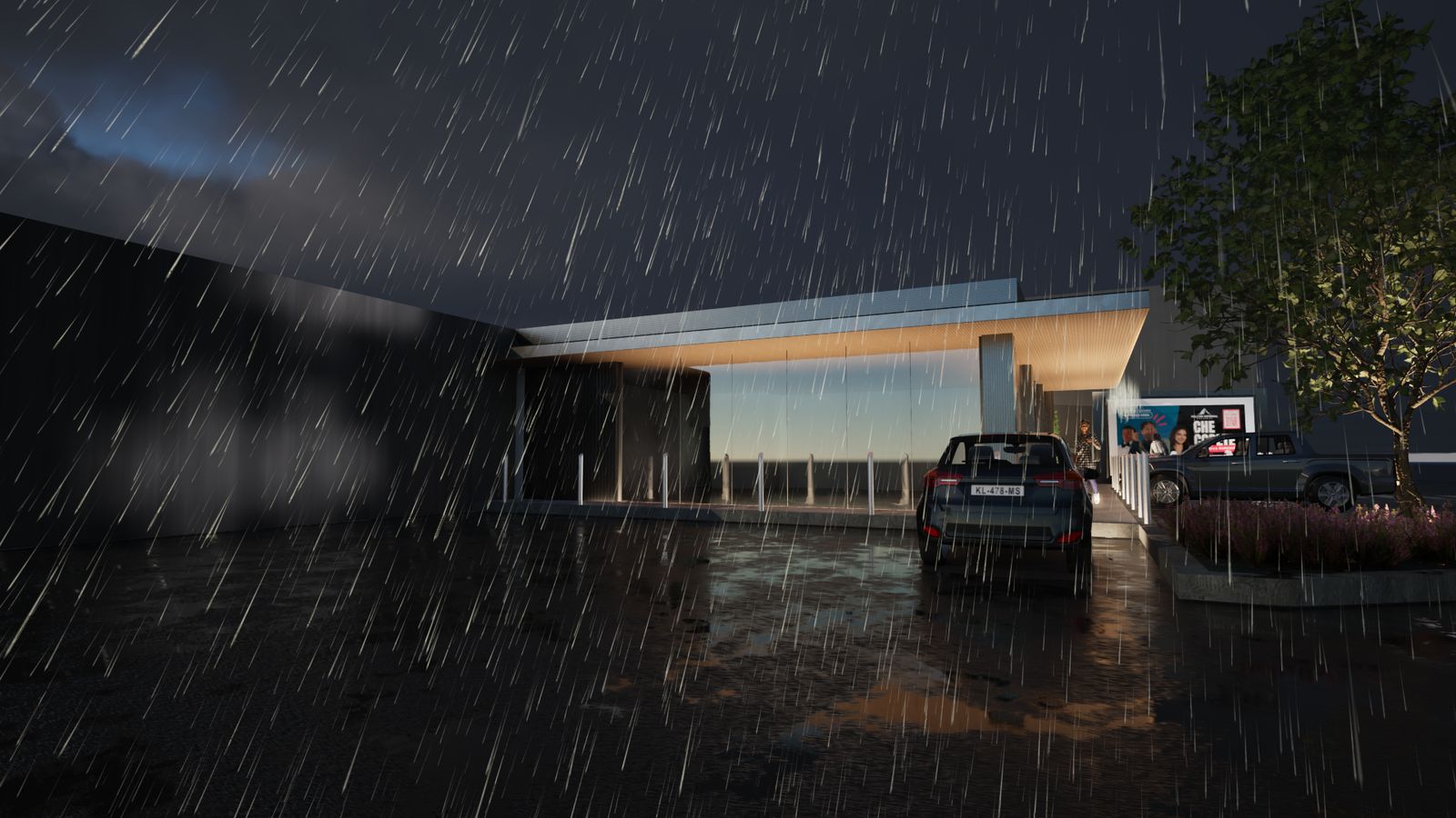 Lateral de noche, con lluvia